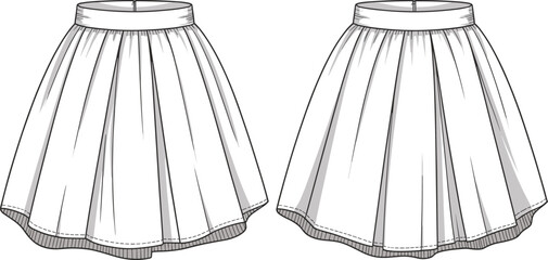 Pleated skirt fashion sketch front and back views, technical garment construction, sewing pattern template, cad drawing flat vector illustration