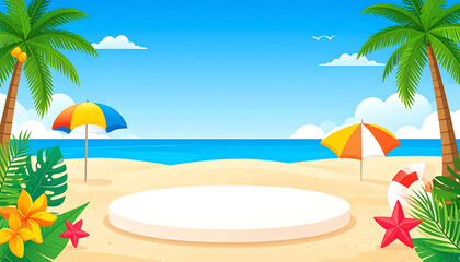 Obraz premium A vibrant beach scene featuring palm trees, colorful umbrellas, and tropical plants against a clear blue sky and calm ocean