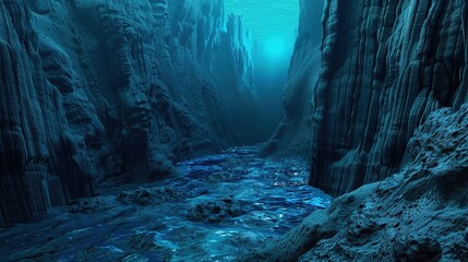 Underwater Canyon with Vibrant Blue Layers and Liquid Avalanche Effect, Sonar Ripple Texture.