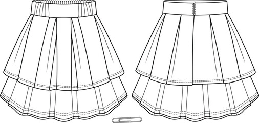 Layered pleated skirt fashion sketch front and back views, stitching and waistband detail, sewing template, cad drawing flat vector illustration