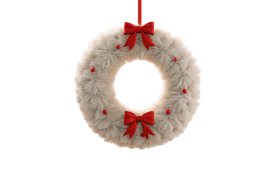 Cream colored fur Christmas wreath with red ribbon bows and berries hanging, isolated on a transparent background - Powered by Adobe
