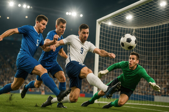 Photorealistic group of male soccer players fighting for ball near goal with diving goalkeeper and flying turf. Concept of summer sport, intensity, teamwork, pressure, and elite football performance. - Powered by Adobe