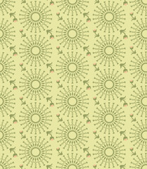 Small flowers with leaves, circles with ethnic figures on a light green background for postcards, websites, presentations, textiles.