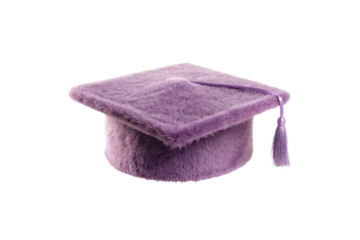 Purple graduation mortarboard cap with soft plush material, square top and hanging silk tassel, isolated on a transparent background