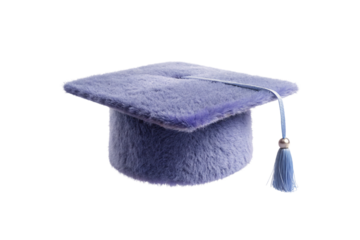Blue graduation cap with fuzzy texture, square mortarboard top and dangling tassel for academic ceremonies, isolated on a transparent background