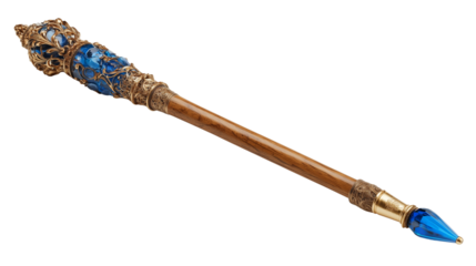 Epic fantasy staff with aged bark-like texture and luminous blue energy crystal for spell rituals on transparent background