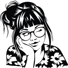 Smiling Asian woman with glasses rests cheek on hand, her eye winking