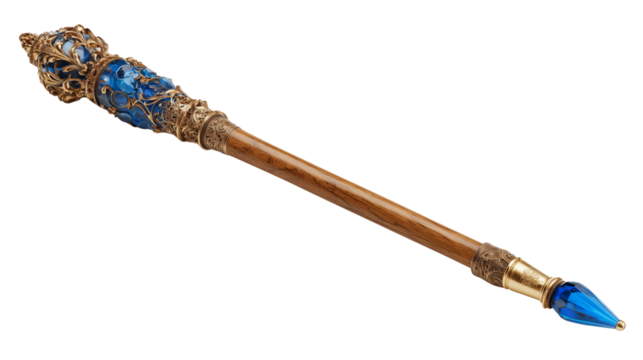 Epic fantasy staff with aged bark-like texture and luminous blue energy crystal for spell rituals on transparent background