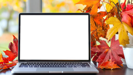 Invitation to the autumn festival. A laptop with a white blank screen sits on the table next to a white cup of coffee and an armful of red and yellow maple leaves. Laptop mockup