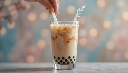 Hand stirring a refreshing beverage with boba pearls, splashy with light bokeh background