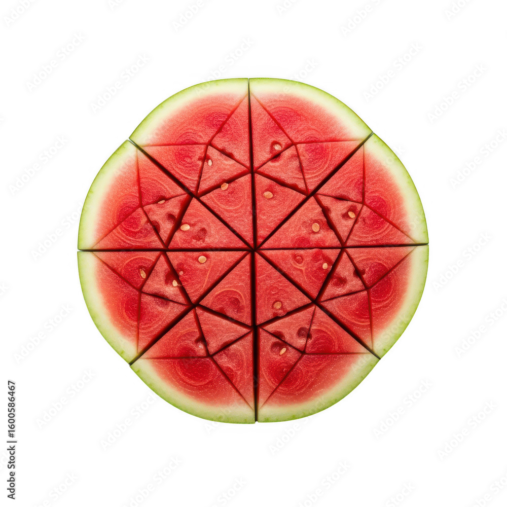 Poster 3d illustration of a sliced watermelon is arranged in a geometric pattern of triangles