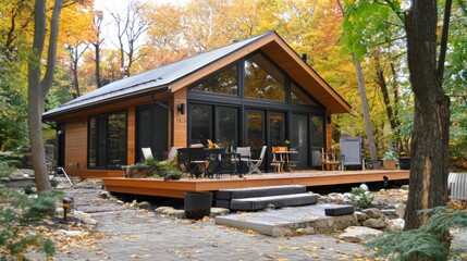 Modern cabin nestled in autumn woods