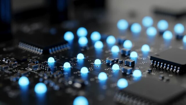 Sharp detail of a modern circuit board with glowing nodes and tiny electronic parts in focus.