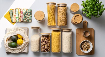 Overhead view of glass containers with food and reusable items on a white table.