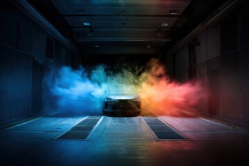 Car in tunnel enveloped in colorful smoke; gradient hue of blue, green, yellow, red