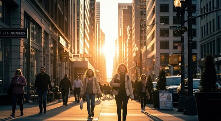 People walking on a city street at sunset, with sunlight streaming between tall buildings creating a warm, urban atmosphere.