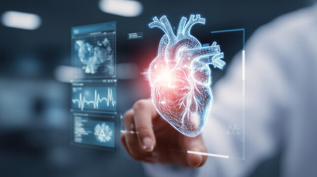 Cardiologist doctor's hand reaching toward a glowing holographic heart projected on a digital screen. Concept of healthcare and medicine, innovation and medical technology.
