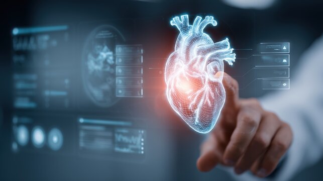 Doctor's hand reaching toward a glowing holographic heart projected on a digital screen. Concept of healthcare and medicine, innovation and medical technology. 