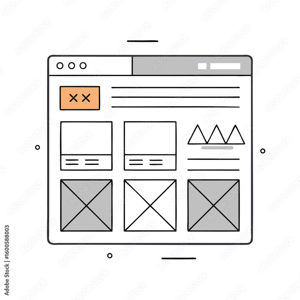 Poster website wireframe sketch with placeholder content isolated on white background