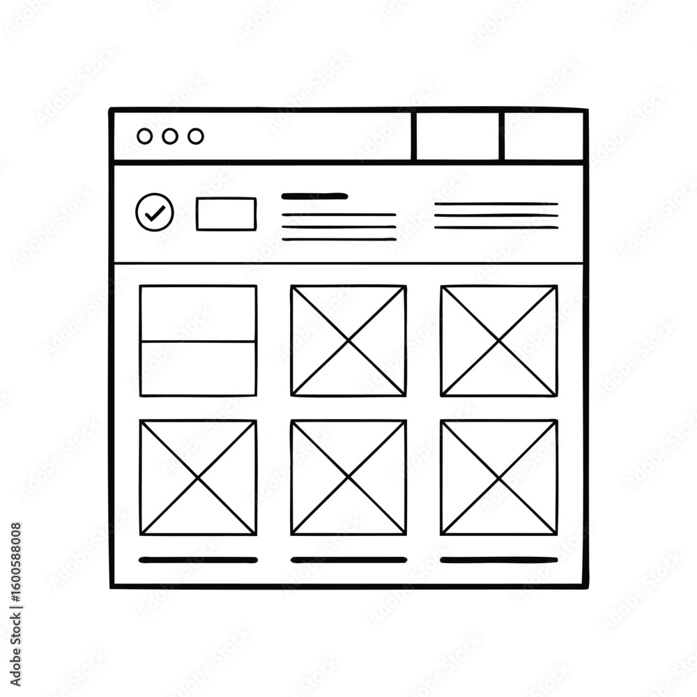Poster hand drawn website wireframe layout with placeholder images isolated on white background