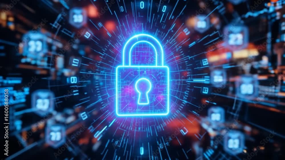 Poster digital security concept: glowing padlock symbolizing cybersecurity and data protection
