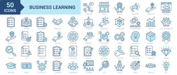 Business Learning icon collection set. Containing education, innovation, training, test, quality, evidence, learning, assessment, evaluation, teamwork, planning, requirements icon. Simple blue vector