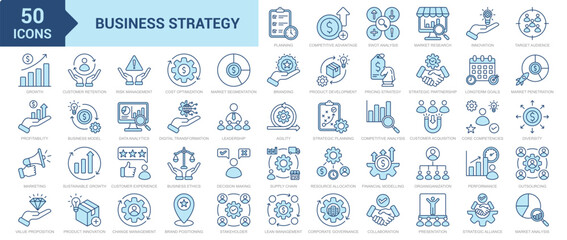 Business Strategy icon collection set. Containing project plan, competitive advantage, swot analysis, market research, business innovation, target audience, profitability icon. Simple blue vector