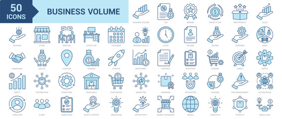 Business Volume icon collection set. Containing new product, sales, revenue, reward, money flow, deal, tax, profit, turnover, store, meeting, office life, demand, capital icon. Simple blue vector