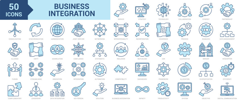 Business Integration icon collection set. Containing strategy, technology, collaboration, synergy, partnership, consolidation, alliance, fusion, complementary, synchronization icon. Simple blue vector