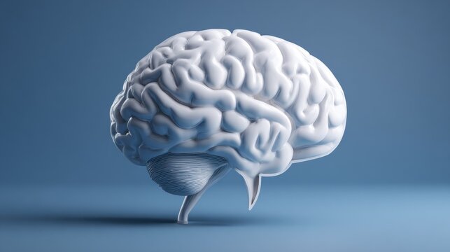 White 3D brain model on blue background