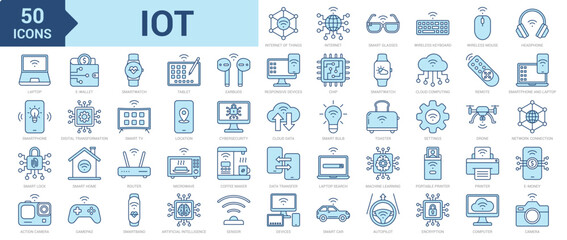 IoT icon collection set. Containing internet of things, internet, smart glasses, headphone, smartwatch, smart home, remote, laptop, smartphone, sensor, devices, smart lock icon. Simple blue vector