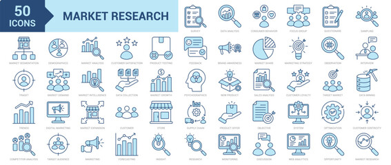 Market Research icon collection set. Containing analysis, consumer behavior, focus group, questionnaire, sampling, market segmentation, target, trends, competitor analysis icon. Simple blue vector