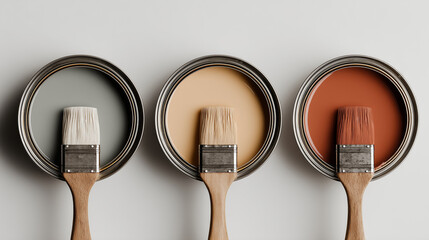 Trendy earthy shades for decorating. Brushes with cans filled with beige, gray and terracotta paint. Concept for DIY or home renovation, choosing paint color for walls and decor.