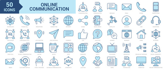 Obraz premium Online Communication icon collection set. Containing conversation, message, email, smartphone, technology, discussion, video call, inbox, phone call, connection, internet icon. Simple blue vector