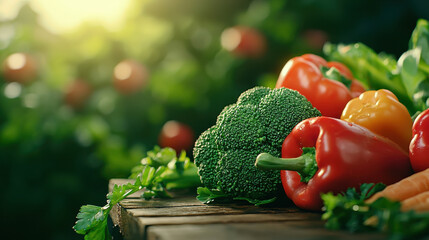 Fresh broccoli and colorful bell pepper with carrot and parsley on wooden surface in natural light