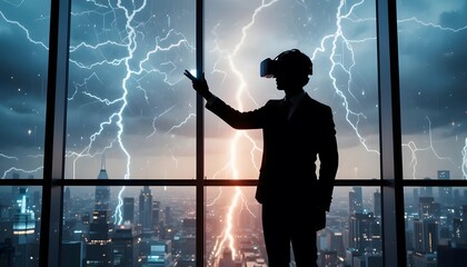 Vr metaverse business meeting in virtual reality city with lightning storm background
