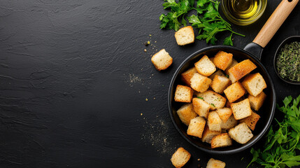 Croutons in black skillet with fresh parsley and olive oil on dark textured surface, creating rustic and appetizing scene