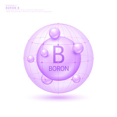 Boron minerals ball purple in dome on white background. Vitamins complex. Used for design cosmetic or dietary supplement products. 3D vector.