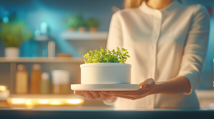 Fresh green herb plant in white pot held person in kitchen with warm lighting and blurred background