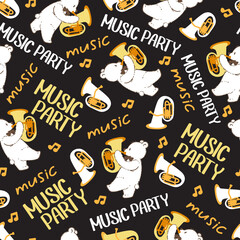 Music Celebration Party Tuba Playing Bear Pattern. Perfect for kid music events, playful designs, and creative musical-themed projects.
