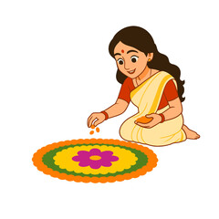 Indian woman creating pookalam( flower rangoli)mfor onam in traditional kerala attire, isolated on transparent background 