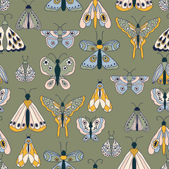 A whimsical array of moths and butterflies, each uniquely illustrated with intricate wing patterns and delicate line work. The moths and butterflies vary in shape and design.