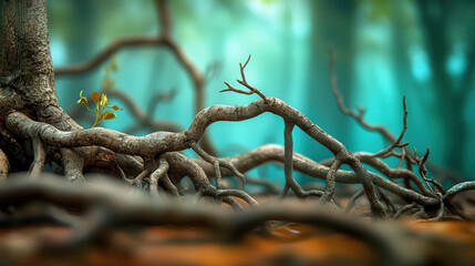 Tree root with small green leaves growing in forest with blurred background and soft light