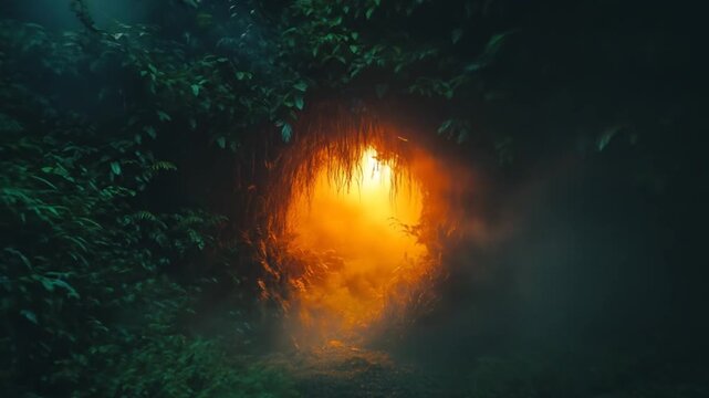 Enigmatic light glowing mysteriously amidst the dense foliage of a vibrant forest
