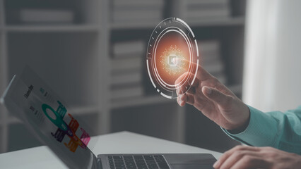 Businessman analyzes data from virtual graphs and icons Man working with laptop computer, finance...