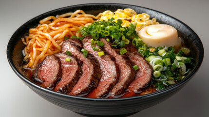 Sliced beef ramen bowl with noodles, soft boiled egg, chopped green onion, and corn in savory broth, offering warm and hearty meal
