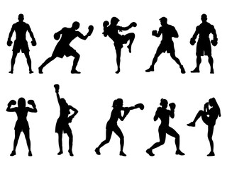 Set of Male and Female Boxer Silhouette in various poses isolated on white background