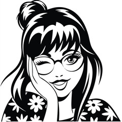 Winking young woman with flower shirt and glasses is placing hand on face