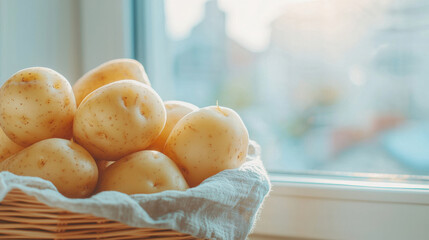 Fresh raw potatoes in basket lined with cloth near window with soft natural light creating warm and cozy atmosphere