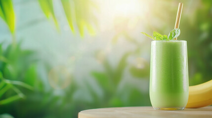 Green smoothie glass with fresh banana and mint leaf on wooden table in bright natural light